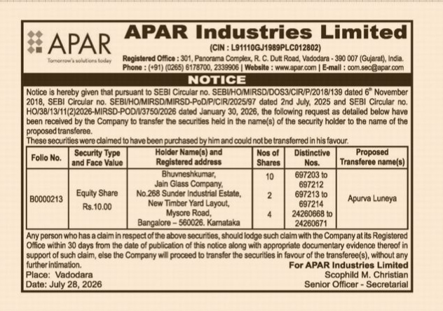 Public Notice: Transfer of Shares for APAR Industries Limited
