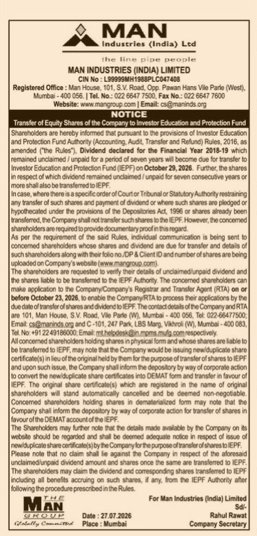 Public Notice: Transfer of Unclaimed Dividend and Shares to IEPF
