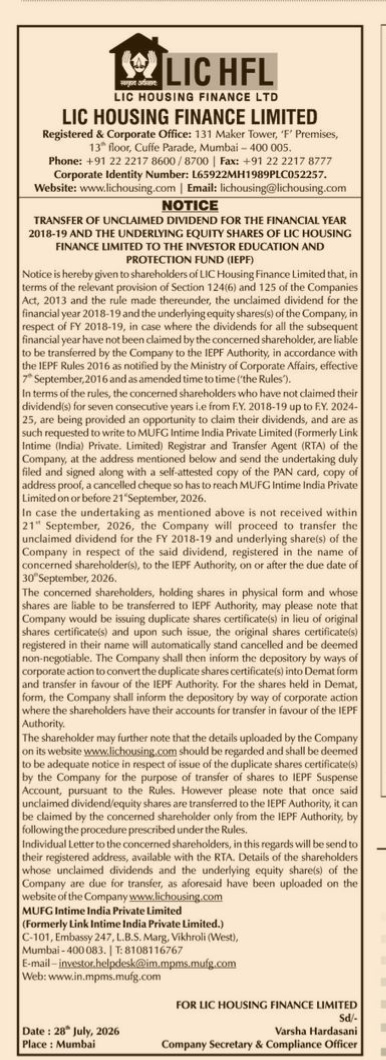 Public Notice: Transfer of Unclaimed Dividends and Shares to IEPF Authority by LIC Housing Finance Limited