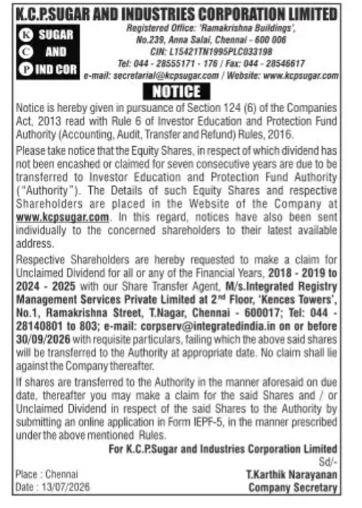 Public Notice: Transfer of Unclaimed Shares to IEPF (K.C.P. Sugar and Industries Corporation Limited)