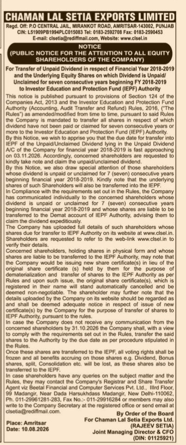 Public Notice: Transfer of Unpaid Dividends and Shares to IEPF Authority (Chaman Lal Setia Exports Limited)