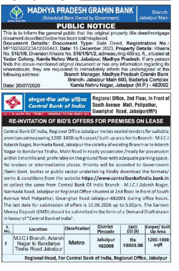 Public Notices from Banks in Jabalpur