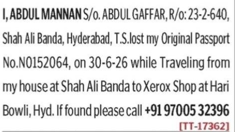 PUBLIC NOTUCE -LOST OF ORIGINAL INDIAN PASSPORT