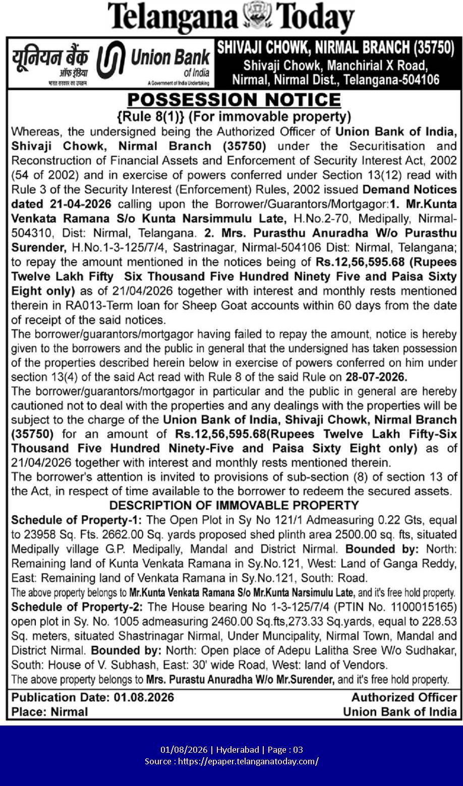 Public Possession Notice for Immovable Property