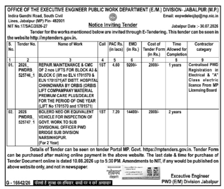 Public Works Department (E/M) Division Jabalpur Notice Inviting Tender (July 2026)