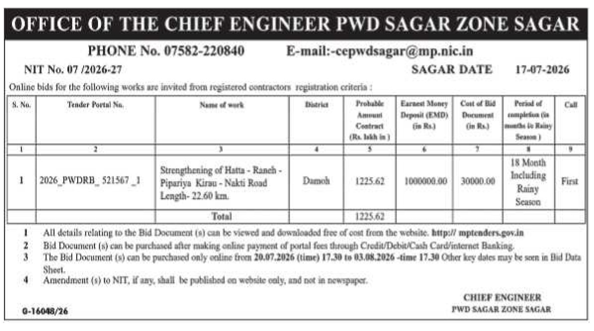 Public Works Department (PWD) Sagar Invitation for Online Bids