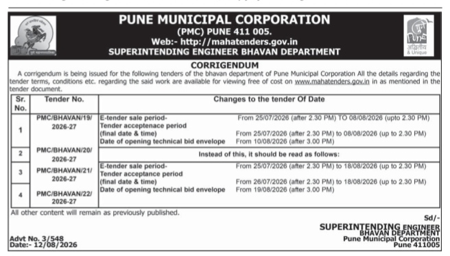 Pune Municipal Corporation Corrigendum Notice (Tender Dates Extension)