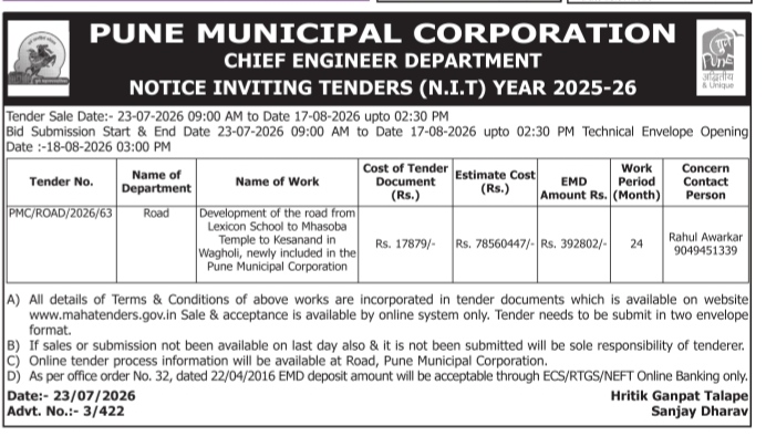 Pune Municipal Corporation Tender Notice 2025-26 (Road Development in Wagholi)