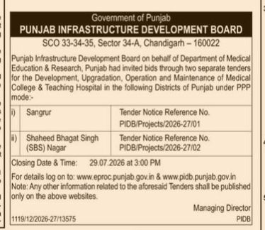 Punjab Infrastructure Development Board Tender Notice