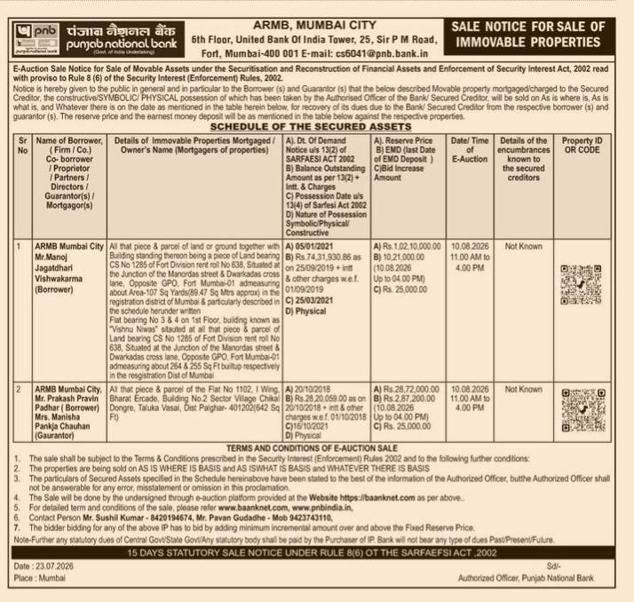 Punjab National Bank (ARMB, Mumbai City) Sale Notice for E-Auction of Immovable Properties (July 2026)