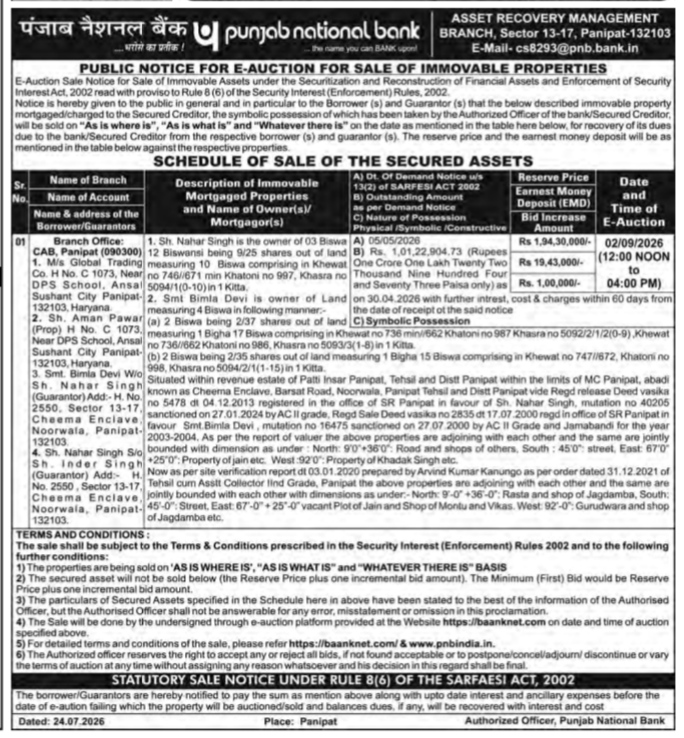 Punjab National Bank E-Auction Notice