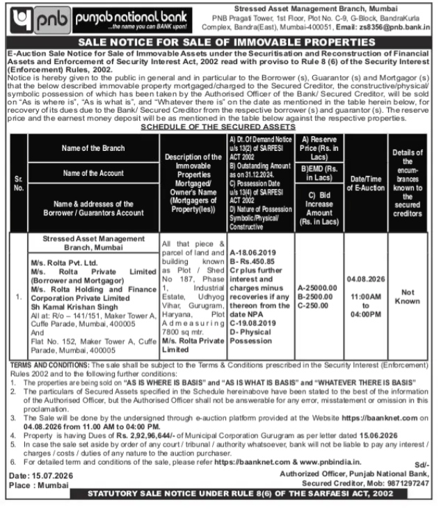 Punjab National Bank E-Auction Sale Notice for Immovable Properties (Rolta Pvt. Ltd.)