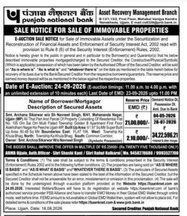 Punjab National Bank E-Auction Sale Notice (Ujjain, September 2026)