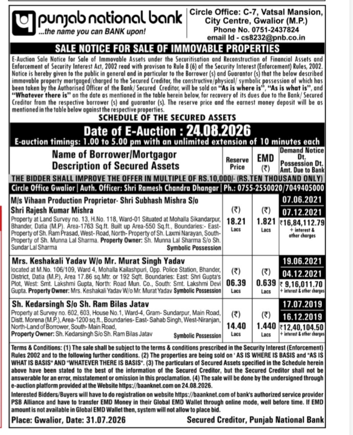 Punjab National Bank E-Auction Sale Notice