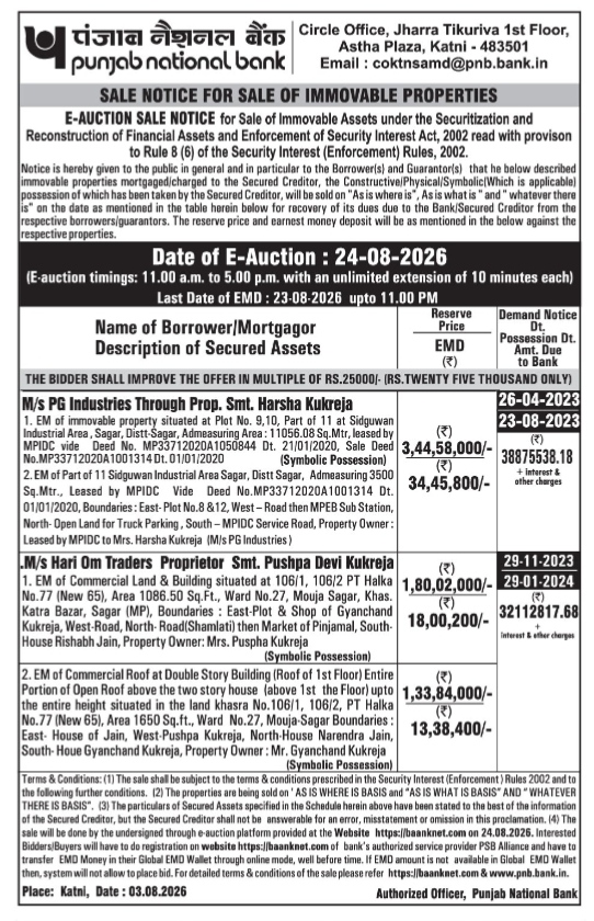 Punjab National Bank E-Auction Sale Notice