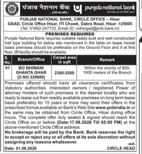 Punjab National Bank (PNB) Advertisement for Premises Required on Lease