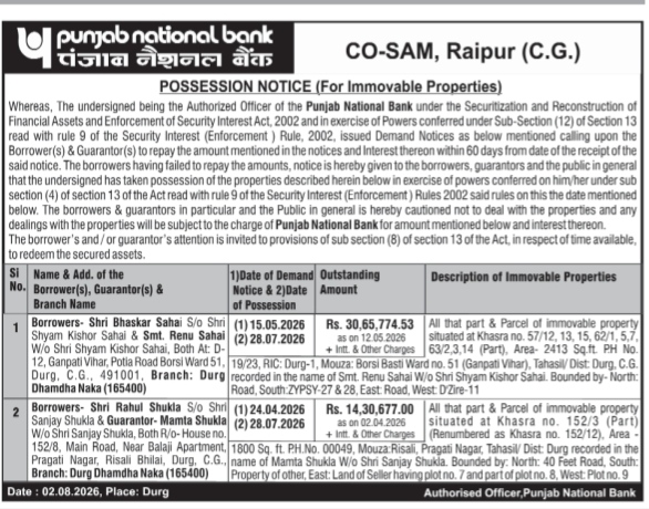 Punjab National Bank Possession Notice