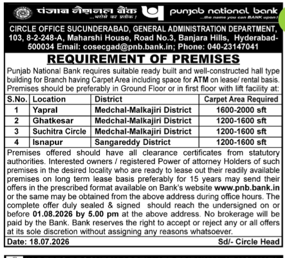 Punjab National Bank Premises Requirement Notice