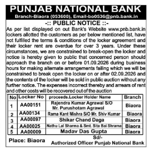 Punjab National Bank Public Notice: Locker Break-Open and Auction