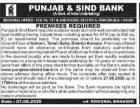Punjab & Sind Bank - Advertisement for Required Premises (Panchkula Region)