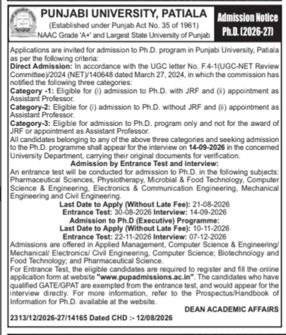 Punjabi University, Patiala Ph.D. Admission Notice (2026-27)
