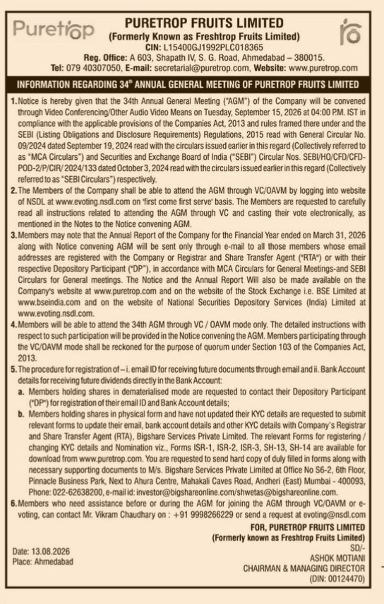 Puretrop Fruits Limited 34th Annual General Meeting Notice