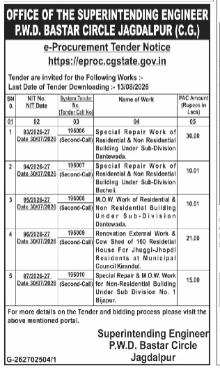 P.W.D. Bastar Circle Jagdalpur e-Procurement Tender Notice (August 2026)