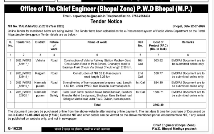 P.W.D Bhopal Tender Notice for Road and Safety Works (July 2026)