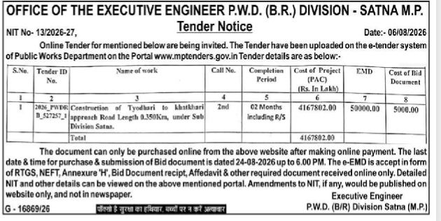 P.W.D. Satna Road Construction Tender Notice 2026