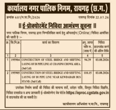 Raigarh Municipal Corporation Tender Notice