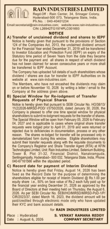 Rain Industries Limited Public Notice (August 2026).