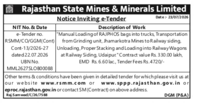 Rajasthan State Mines & Minerals Limited Notice Inviting e-Tender