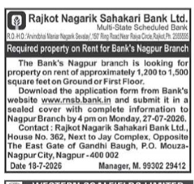 Rajkot Nagarik Sahakari Bank Property Rental Advertisement for Nagpur Branch