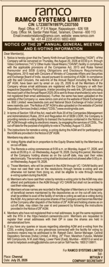 Ramco Systems Limited 29th Annual General Meeting (AGM) Notice