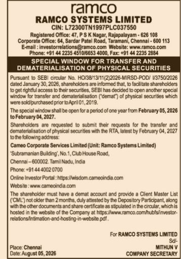 Ramco Systems Limited Public Notice: Special Window for Transfer and Dematerialisation of Physical Securities