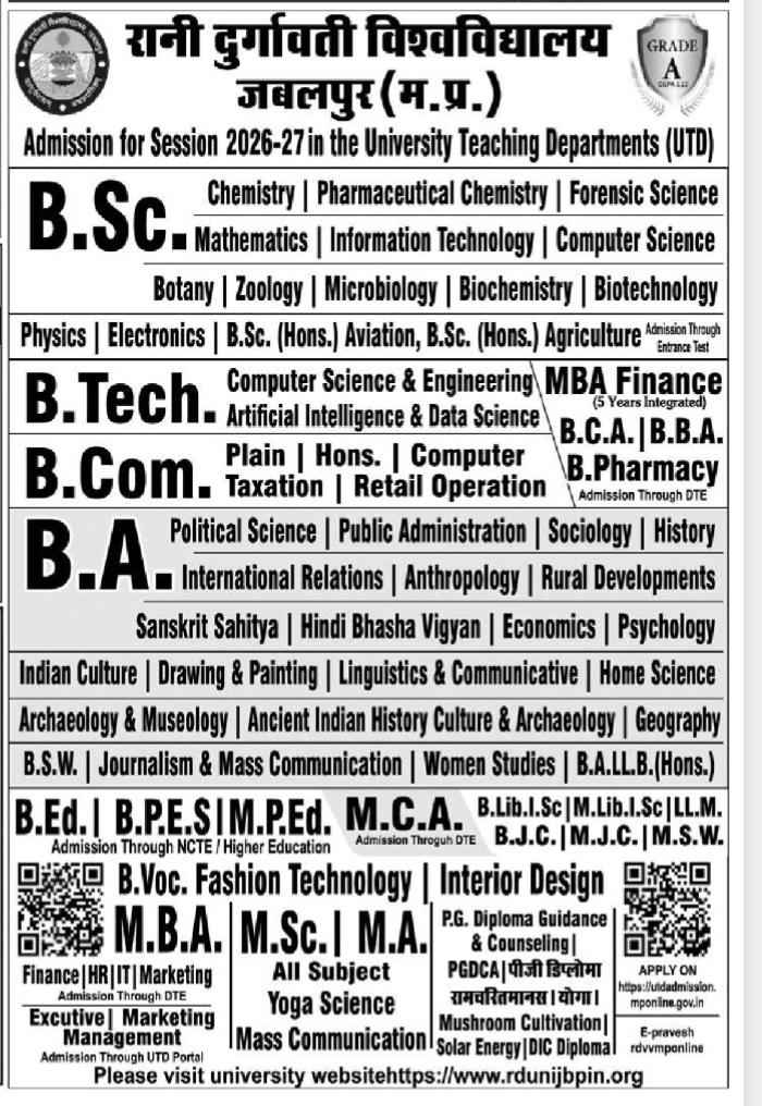 Rani Durgavati Vishwavidyalaya (RDVV) Jabalpur Admission Notification 2026-27