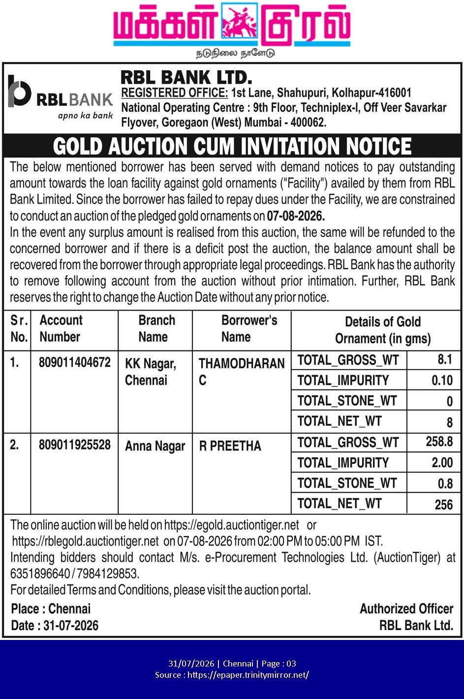 RBL Bank Ltd. Gold Auction Cum Invitation Notice