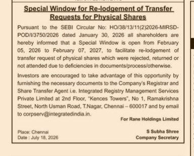 Re-lodgement Window for Physical Share Transfers