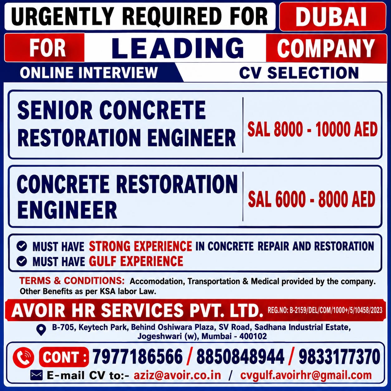 Recruitment Advertisement for Concrete Restoration Engineers in Dubai