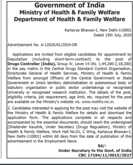 Recruitment Advertisement for Drugs Controller (India) - MoHFW