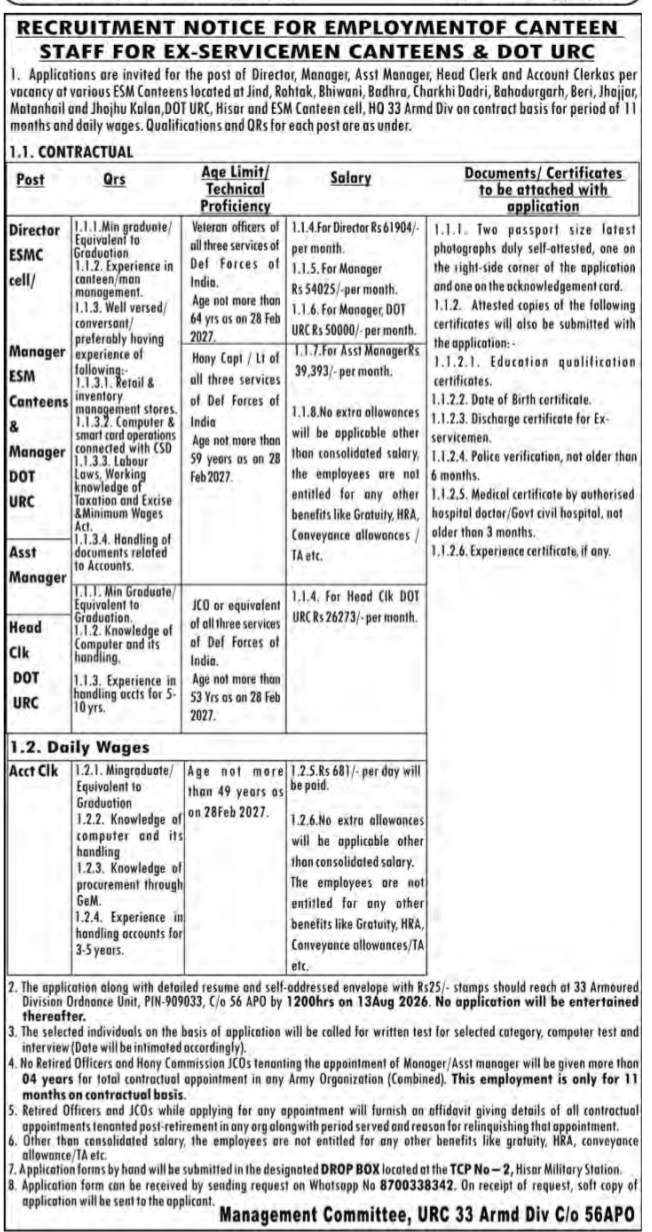 Recruitment Notice for Canteen Staff (Ex-Servicemen Canteens & DOT URC)