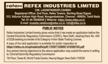 Refex Industries Public Notice on CERC License Surrender