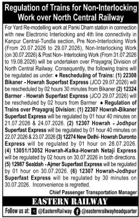 Regulation of Trains for Non-Interlocking Work over North Central Railway
