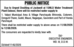 Restricted Water Supply Notice for Valpoi and Surrounding Panchayats (August 11–12, 2026)