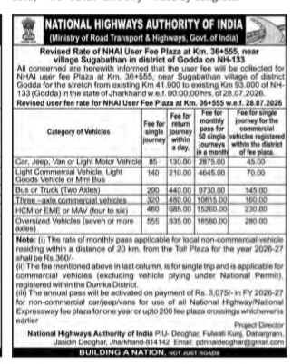 Revised Toll Fee Structure for Sugabathan Plaza on National Highway 133