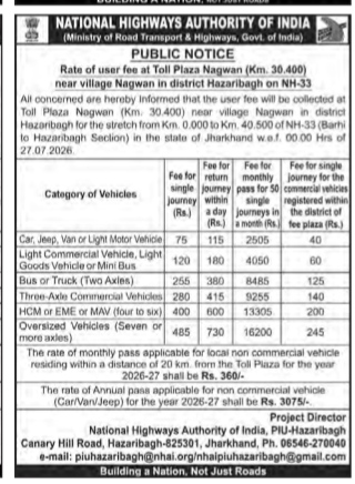 Revision of User Fee Rates at Toll Plaza Nagwan