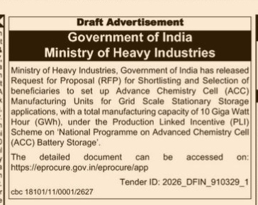RFP for 10 GWh ACC Battery Storage Manufacturing Units Under PLI Scheme