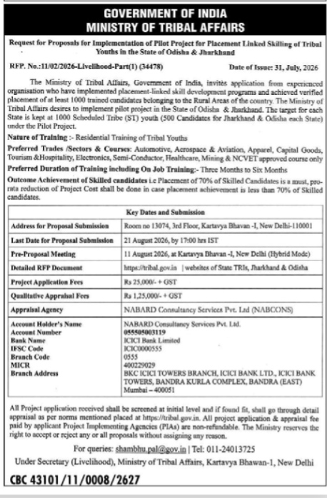 RFP for Placement Linked Skilling of Tribal Youths (Odisha & Jharkhand