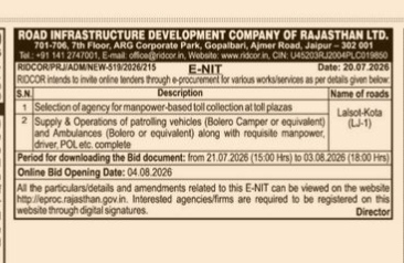 RIDCOR E-NIT for Toll Collection and Patrolling Services (Lalsot-Kota)
