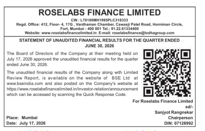 Roselabs Finance Limited Unaudited Financial Results for Q1 FY 2026-27